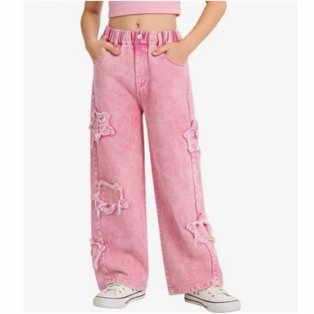 Rolanko Girls' Loose Fit Elastic Waist Jeans